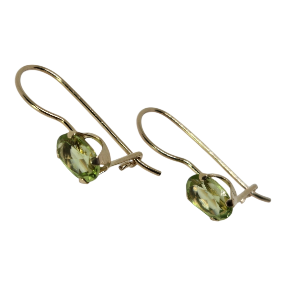 Green Peridot Crystal Drop Hook Earrings - 14K Solid Yellow Gold
